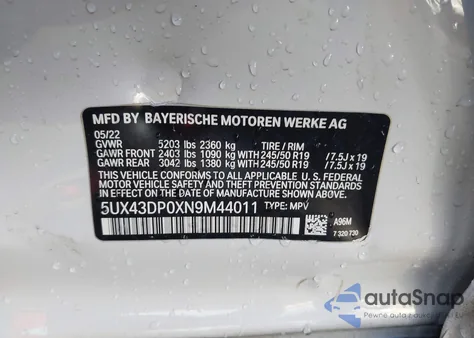 2022 BMW X3 Sdrive30I z USA, uszkodzony, nr VIN 5UX43DP0XN9M44011